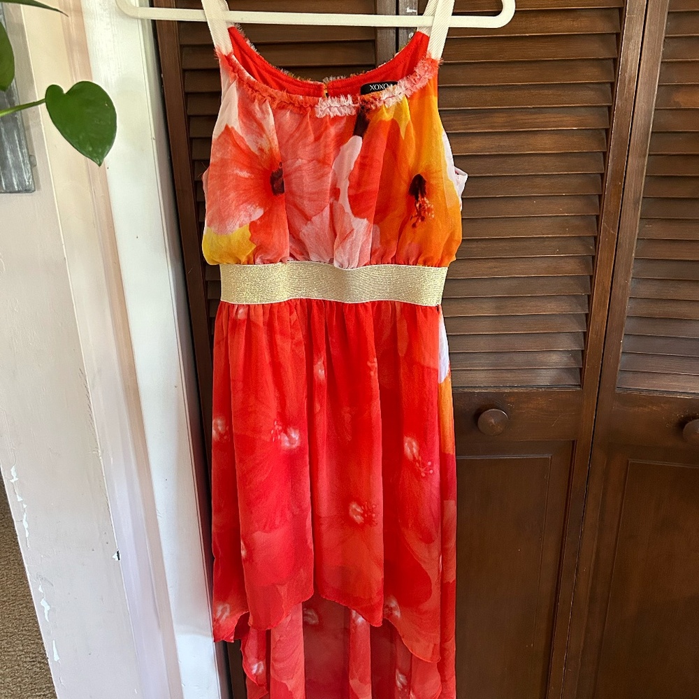 XOXO Women’s Simmer Maxi Dress Orange Floral Knee High Low Dress size Medium